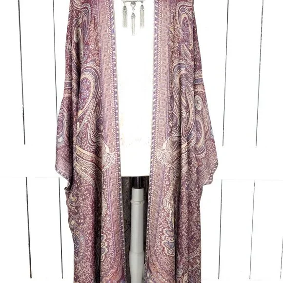 Grey burgundy tribal paisley pashmina kimono cover up jacket - Picture 2 of 6